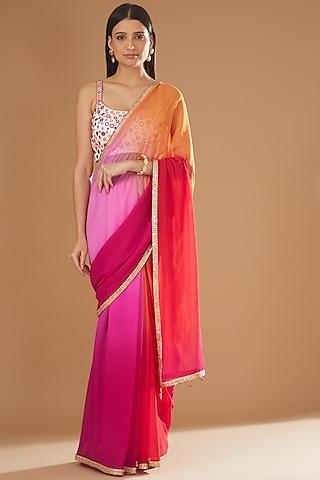 multi-colored georgette embroidered pre-pleated saree set