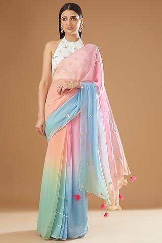 multi-colored georgette embroidered pre-pleated saree set