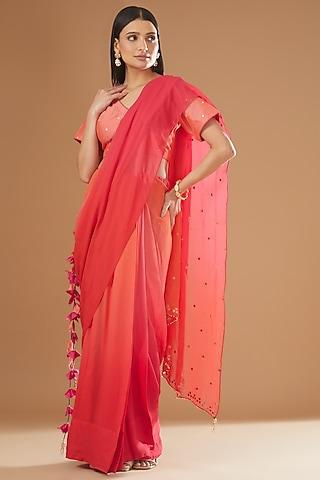 multi-colored georgette embroidered pre-pleated saree set