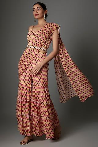 multi-colored georgette geometric printed draped sharara saree set