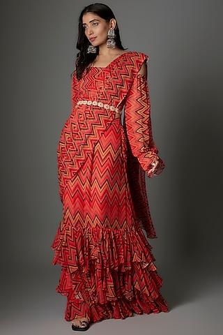 multi-colored georgette pre-stitched saree set