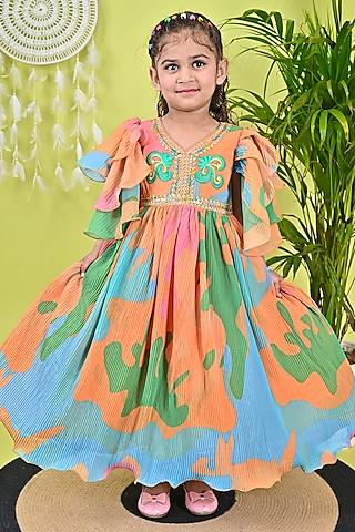 multi-colored georgette printed & embroidered dress for girls