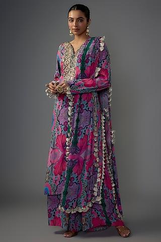 multi-colored georgette printed & embroidered kurta set