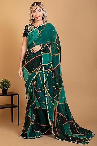 multi-colored georgette printed & zardosi embroidered saree set
