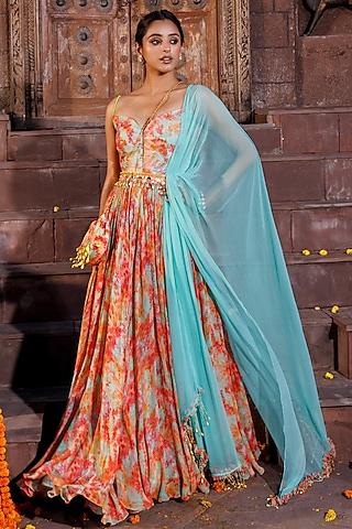 multi-colored georgette printed crinkle anarkali set