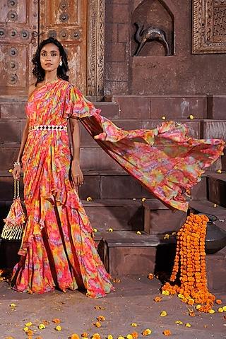 multi colored georgette printed draped saree with belt