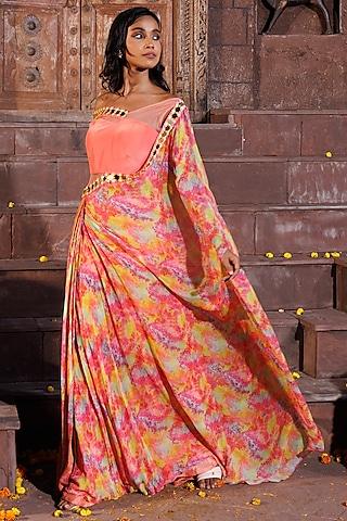 multi-colored georgette printed one-side draped saree