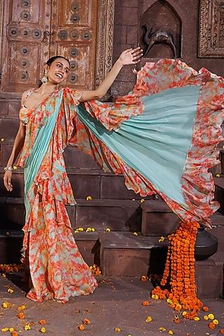multi-colored georgette printed ruffled saree set