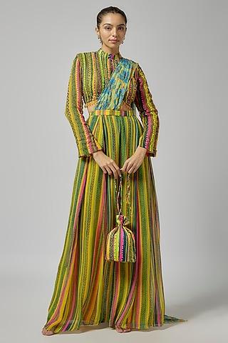 multi-colored georgette stripe printed box pleated pant saree set