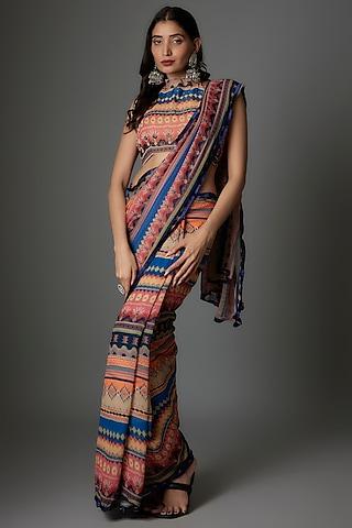 multi-colored georgette striped saree set