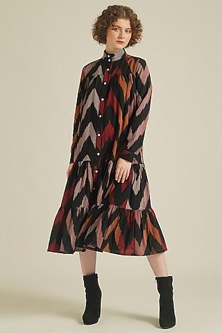 multi-colored handwoven ikat cotton tiered midi shirt dress