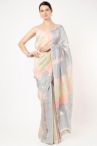 multi-colored handwoven linen zari saree