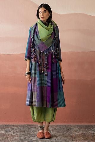 multi-colored handwoven yarn dyed silk cotton bead embellished kurta set