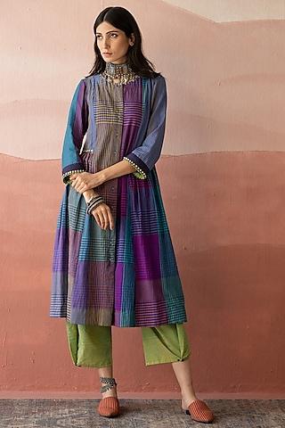 multi-colored handwoven yarn dyed silk cotton bead embellished kurta set