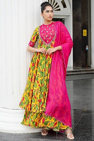 multi-colored heavy crepe & organza printed anarkali set