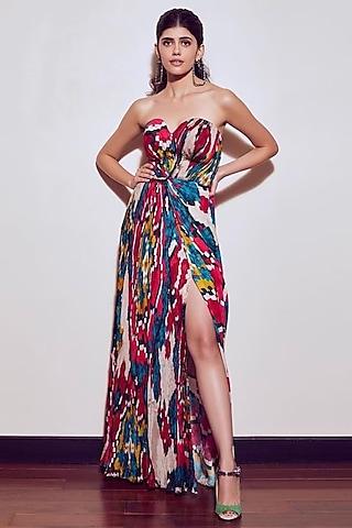 multi-colored ikat printed hand-pleated maxi dress