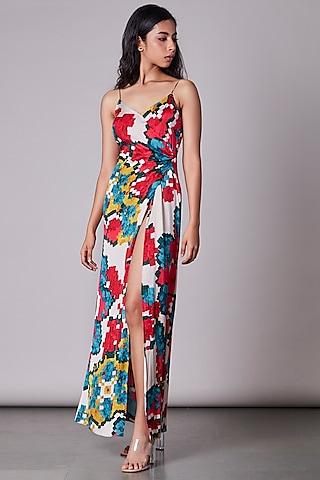 multi-colored ikat printed overlap dress