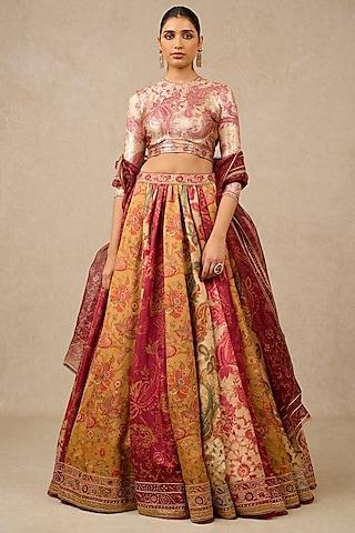 multi-colored kasab satin paisley printed lehenga set