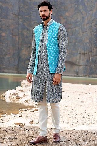 multi-colored kurta set with waist coat for boys