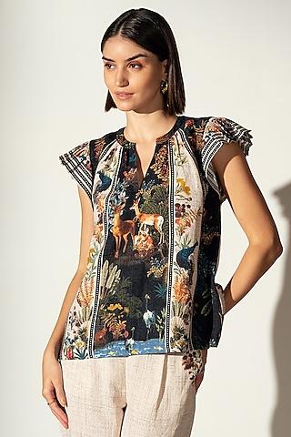 multi-colored linen blend amazon printed top