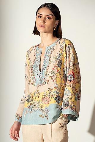 multi-colored linen blend bloom printed boho blouse