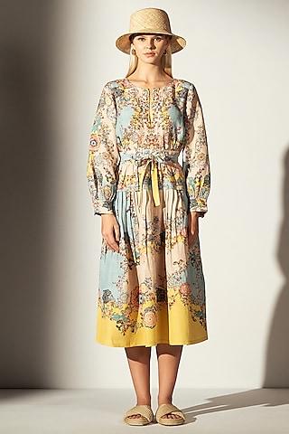 multi-colored linen blend bloom printed midi dress