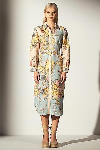 multi-colored linen blend bloom printed midi shirt dress