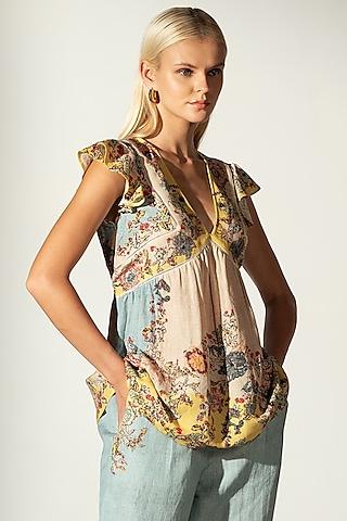 multi-colored linen blend bloom printed top
