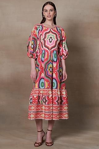 multi-colored linen blend printed midi dress