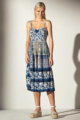 multi-colored linen blend shibori printed midi dress