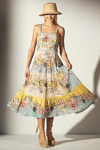 multi-colored linen bloom printed midi dress