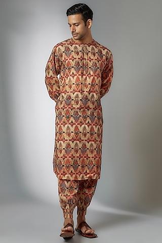multi-colored linen embroidered & printed kurta set