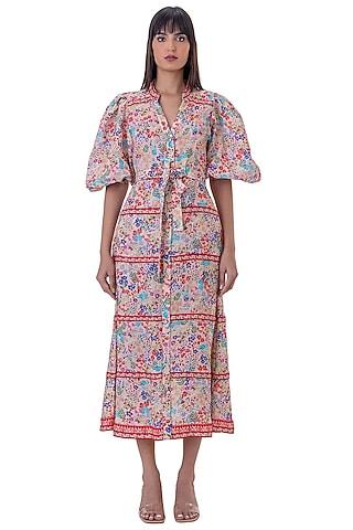multi-colored linen floral printed dress with belt