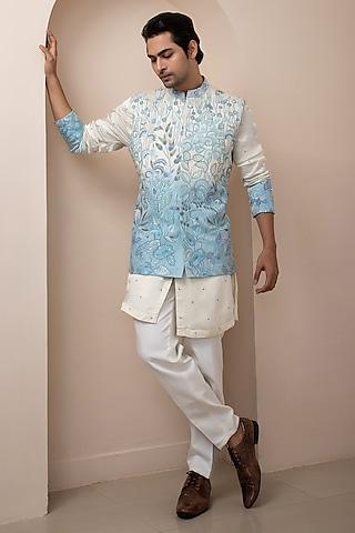 multi-colored linen satin floral embroidered nehru jacket