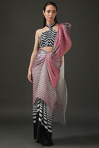 multi-colored mesh draped saree set