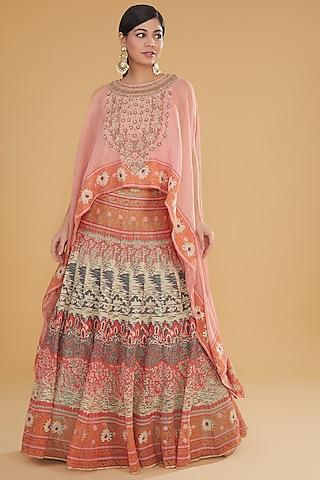 multi-colored mesh motif cross-stitched embroidered lehenga set