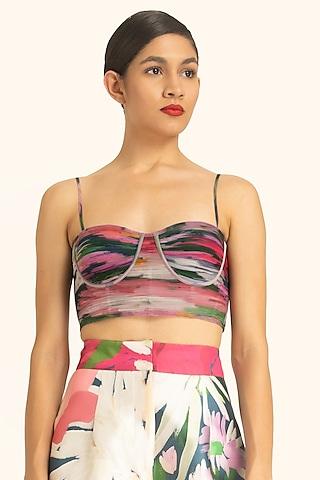 multi-colored mikado dahlia printed corset draped top