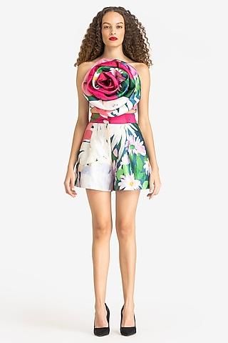 multi-colored mikado dahlia printed corset top