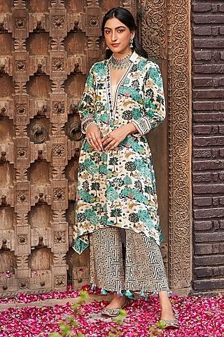 multi-colored modal satin handblock printed asymmetric kurta set