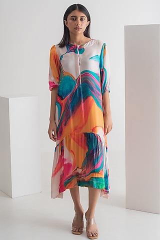 multi-colored modal silk abstract printed midi dress