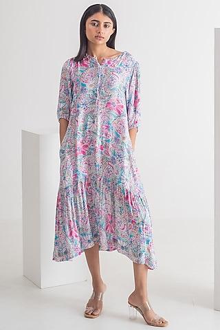 multi-colored modal silk doodle printed midi dress