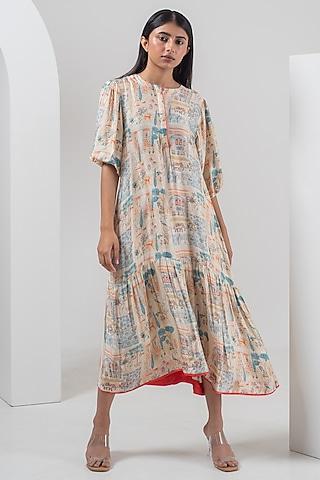 multi-colored modal silk imperial digital printed midi dress