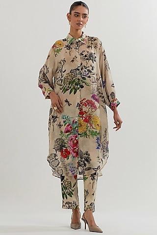 multi-colored modal silk printed & embroidered long tunic set