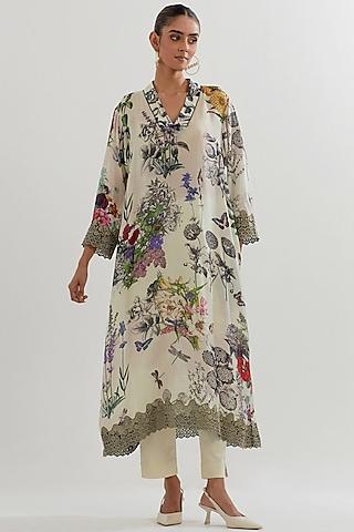 multi-colored modal silk printed & embroidered tunic set