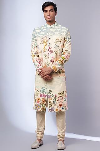 multi-colored moonga silk embroidered sherwani