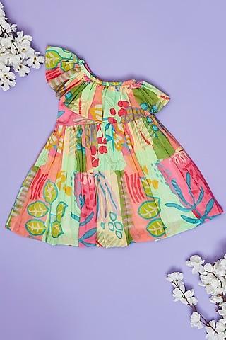 multi-colored mul floral leaf printed one-shoulder dress for girls