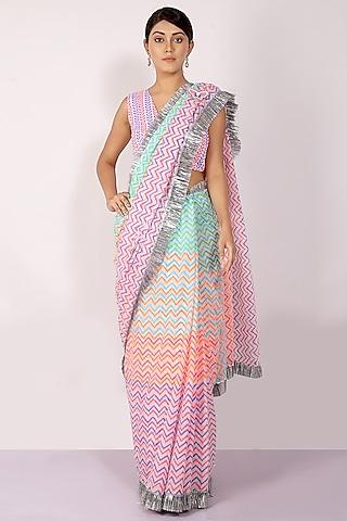 multi-colored mulmul cotton block printed saree set