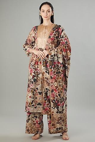 multi-colored mulmul floral printed & embroidered tunic set