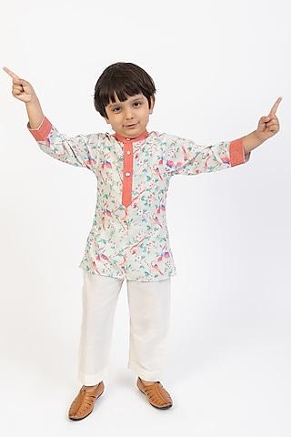 multi-colored muslin cotton printed & embroidered kurta set for boys