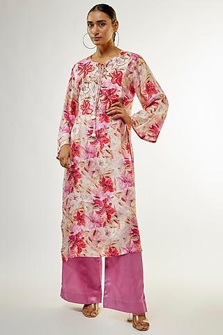 multi-colored muslin silk printed & hand embroidered tunic set